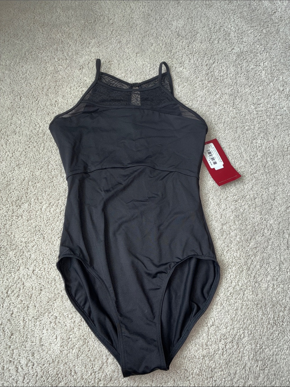 Adult dance wear New Mirella dance Black Lace-Trim One-Piece Bodysuit size M
